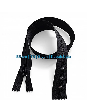55 cm 21.66" Black T5 Nylon Closed-End Zipper | Coil Zipper for Pockets, Bags and Sewing | ZP0055T5