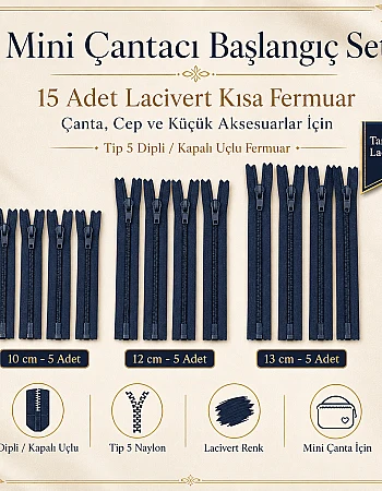 Mini Çantacı Başlangıç Seti –  Kısa Fermuar 15 Adet Lacivert Tip 5 Kapalı Uçlu Fermuar ST-0002T5