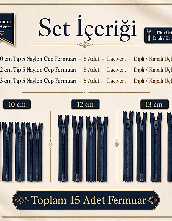 Mini Çantacı Başlangıç Seti –  Kısa Fermuar 15 Adet Lacivert Tip 5 Kapalı Uçlu Fermuar ST-0002T5