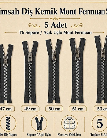 Timsah Diş Kemik Mont Fermuarı Seti 5 Adet  – 47–53 cm Kısa Mont ve Ceket İçin -ST-0003T5