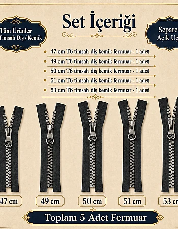 Timsah Diş Kemik Mont Fermuarı Seti 5 Adet  – 47–53 cm Kısa Mont ve Ceket İçin -ST-0003T5