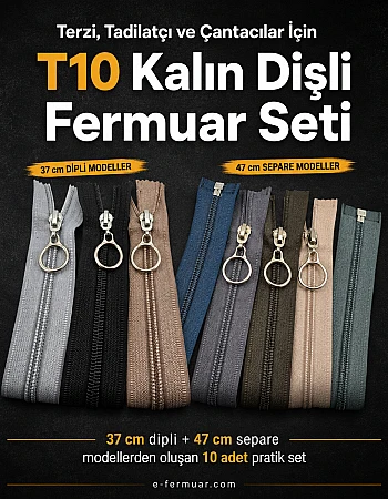 Terzi, Tadilatçı ve Çantacılar İçin Kalın Dişli T10  Fermuar Seti – 37 / 47 cm – 10 Adet - ST-0006T10