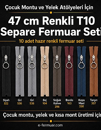 Yelek Atölyeleri ve Çocuk Montu İçin 47 cm Renkli T10 Separe Fermuar Seti – 10 Adet - ST-0007T10