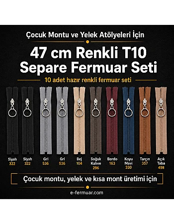 Yelek Atölyeleri ve Çocuk Montu İçin 47 cm Renkli T10 Separe Fermuar Seti – 10 Adet - ST-0007T10