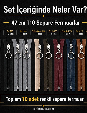 Yelek Atölyeleri ve Çocuk Montu İçin 47 cm Renkli T10 Separe Fermuar Seti – 10 Adet - ST-0007T10