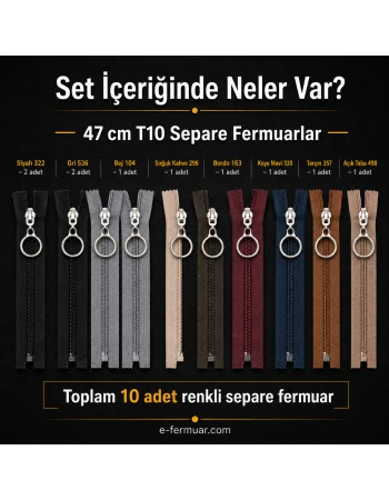 Yelek Atölyeleri ve Çocuk Montu İçin 47 cm Renkli T10 Separe Fermuar Seti – 10 Adet - ST-0007T10