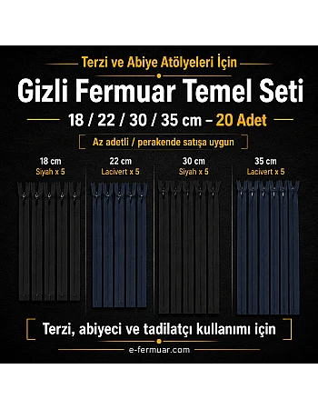 Abiye Atölyeleri ve Terzi İçin Gizli Fermuar Temel Seti – 18 / 22 / 30 / 35 cm – 20 Adet - ST-0008