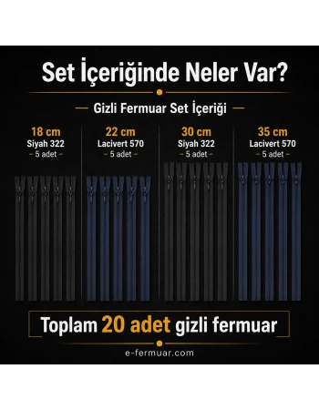 Abiye Atölyeleri ve Terzi İçin Gizli Fermuar Temel Seti – 18 / 22 / 30 / 35 cm – 20 Adet - ST-0008