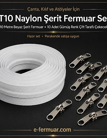 Kılıf ,Çanta ve Atölyeler İçin T10 Naylon Şerit Fermuar Seti – 10 Metre + 10 Çekecek - ST-0009