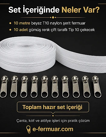 Kılıf ,Çanta ve Atölyeler İçin T10 Naylon Şerit Fermuar Seti – 10 Metre + 10 Çekecek - ST-0009
