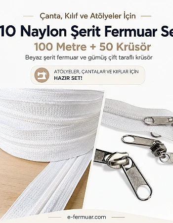 Atölyeler ve Çanta, Kılıf İçin T10 Naylon Şerit Fermuar Seti – 100 Metre + 50 Krüsör- ST-0009T10-100M50C