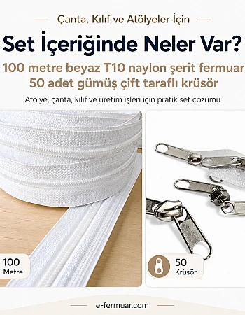 Atölyeler ve Çanta, Kılıf İçin T10 Naylon Şerit Fermuar Seti – 100 Metre + 50 Krüsör- ST-0009T10-100M50C