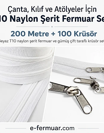 Atölyeler ve Çanta, Kılıf İçin T10 Naylon Şerit Fermuar Seti – 200 Metre + 100 Krüsör- ST-0009T10-200M100C
