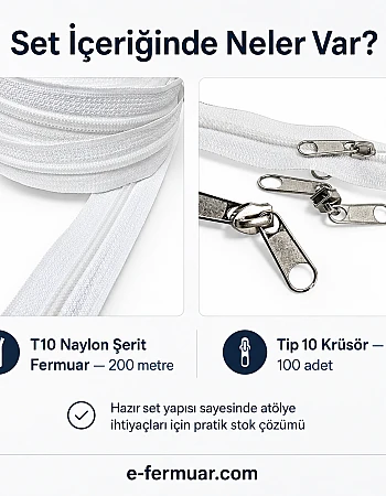 Atölyeler ve Çanta, Kılıf İçin T10 Naylon Şerit Fermuar Seti – 200 Metre + 100 Krüsör- ST-0009T10-200M100C