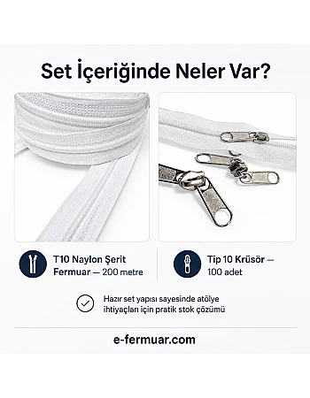 Atölye, Çanta ve Kılıf Üretimi İçin Tip 10 Naylon Şerit Fermuar Seti – 200 Metre + 100 Kürsör ST-0009T10-200M100C