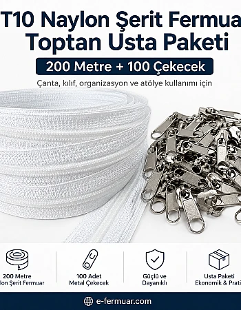 Atölyeler ve Çanta, Kılıf İçin T10 Naylon Şerit Fermuar Seti – 200 Metre + 100 Krüsör- ST-0009T10-200M100C
