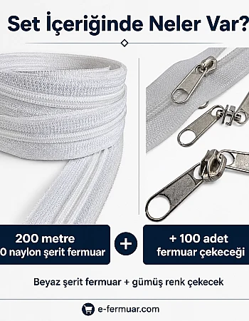Atölyeler ve Çanta, Kılıf İçin T10 Naylon Şerit Fermuar Seti – 200 Metre + 100 Krüsör- ST-0009T10-200M100C