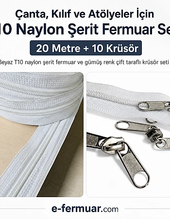 Atölyeler ve Çanta, Kılıf İçin T10 Naylon Şerit Fermuar Seti – 20 Metre + 10 Krüsör- ST-0009T10-20M10C