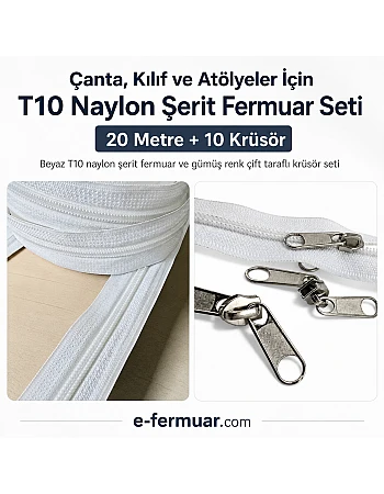 Atölyeler ve Çanta, Kılıf İçin T10 Naylon Şerit Fermuar Seti – 20 Metre + 10 Krüsör- ST-0009T10-20M10C