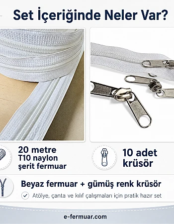 Atölyeler ve Çanta, Kılıf İçin T10 Naylon Şerit Fermuar Seti – 20 Metre + 10 Krüsör- ST-0009T10-20M10C