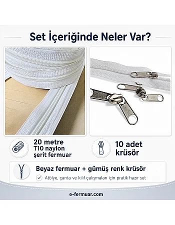 Atölyeler ve Çanta, Kılıf İçin T10 Naylon Şerit Fermuar Seti – 20 Metre + 10 Krüsör- ST-0009T10-20M10C