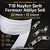 Çeşitli projeler için ideal T10 Naylon Şerit Fermuar Seti, 20 metre uzunluk ve 10 çekecek içerir.