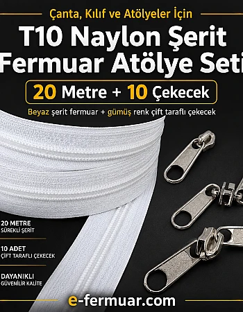 Atölyeler ve Çanta, Kılıf İçin T10 Naylon Şerit Fermuar Seti – 20 Metre + 10 Krüsör- ST-0009T10-20M10C