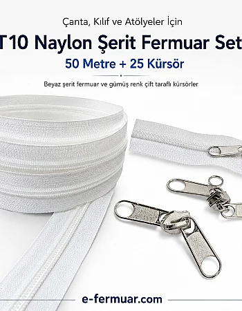 Atölyeler ve Çanta, Kılıf İçin T10 Naylon Şerit Fermuar Seti – 50 Metre + 25 Krüsör- ST-0009T10-50M25C