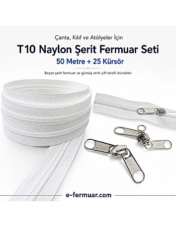 Atölye, Çanta ve Kılıf İşleri İçin Tip 10 Naylon Şerit Fermuar Seti – 50 Metre + 25 Kürsör ST-0009T10-50M25C