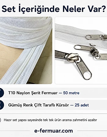 Atölyeler ve Çanta, Kılıf İçin T10 Naylon Şerit Fermuar Seti – 50 Metre + 25 Krüsör- ST-0009T10-50M25C