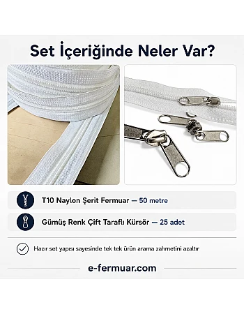 Atölye, Çanta ve Kılıf İşleri İçin Tip 10 Naylon Şerit Fermuar Seti – 50 Metre + 25 Kürsör ST-0009T10-50M25C