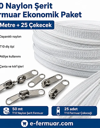 Atölyeler ve Çanta, Kılıf İçin T10 Naylon Şerit Fermuar Seti – 50 Metre + 25 Krüsör- ST-0009T10-50M25C