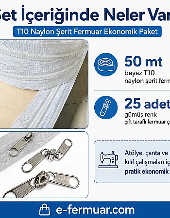 Atölyeler ve Çanta, Kılıf İçin T10 Naylon Şerit Fermuar Seti – 50 Metre + 25 Krüsör- ST-0009T10-50M25C