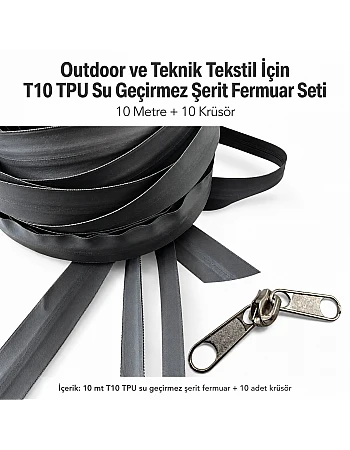 T10 TPU Su Geçirmez Şerit Fermuar Seti 10 Metre + 10 Kürsör ST-0010