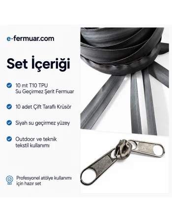 T10 TPU Su Geçirmez Şerit Fermuar Seti 10 Metre + 10 Kürsör ST-0010