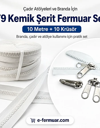Çadır Atölyeleri ve Branda İçin T9 Kemik Şerit Fermuar Seti – 10 Metre + 10 Krüsör - ST-0012