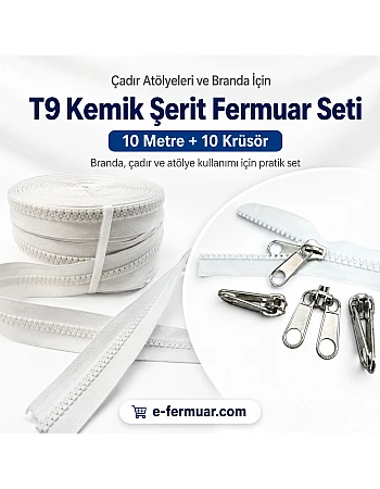 T9 Kemik Şerit Fermuar Seti – Çadır, Branda ve Örtü Onarımı İçin 10 Metre + 10 Kürsör ST-0012