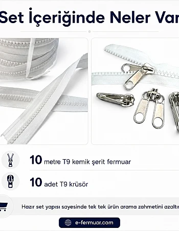 Çadır Atölyeleri ve Branda İçin T9 Kemik Şerit Fermuar Seti – 10 Metre + 10 Krüsör - ST-0012
