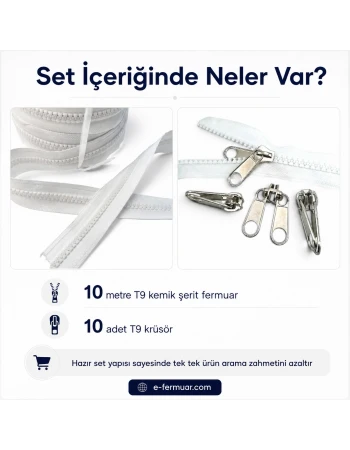 T9 Kemik Şerit Fermuar Seti – Çadır, Branda ve Örtü Onarımı İçin 10 Metre + 10 Kürsör ST-0012