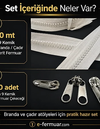 Çadır Atölyeleri ve Branda İçin T9 Kemik Şerit Fermuar Seti – 10 Metre + 10 Çekecek - ST-0012