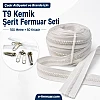 100 metre uzunluğunda T9 kemik şerit fermuar ve 50 krüsör içeren set, profesyonel kullanım için ideal.
