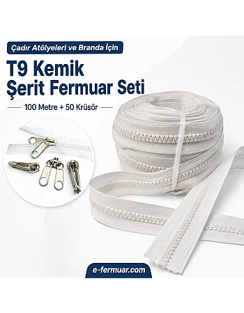 Çadır Atölyeleri ve Branda İçin T9 Kemik Şerit Fermuar Seti – 100 Metre + 50 Krüsör- ST-0012T9-100M50K