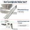 100 metre uzunluğunda T9 kemik şerit fermuar ve 50 krüsör içeren set, profesyonel kullanım için ideal.