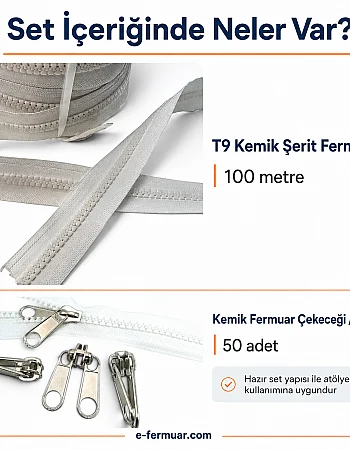Çadır Atölyeleri ve Branda İçin T9 Kemik Şerit Fermuar Seti – 100 Metre + 50 Krüsör- ST-0012T9-100M50K
