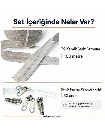 Çadır Atölyeleri ve Branda İçin T9 Kemik Şerit Fermuar Seti – 100 Metre + 50 Krüsör- ST-0012T9-100M50K