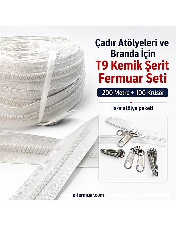 Çadır Atölyeleri ve Branda İçin T9 Kemik Şerit Fermuar Seti – 200 Metre + 100 Krüsör -ST-0012T9-200M100K