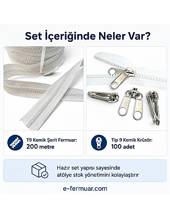 Çadır Atölyeleri ve Branda İçin T9 Kemik Şerit Fermuar Seti – 200 Metre + 100 Krüsör -ST-0012T9-200M100K