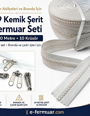 Çadır Atölyeleri ve Branda İçin T9 Kemik Şerit Fermuar Seti – 20 Metre + 10 Krüsör- ST-0012T9-20M10K
