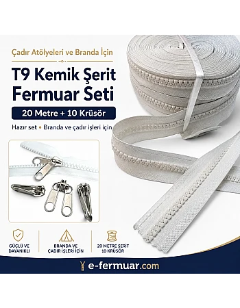 Çadır Atölyeleri ve Branda İçin T9 Kemik Şerit Fermuar Seti – 20 Metre + 10 Krüsör- ST-0012T9-20M10K
