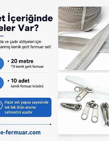 Çadır Atölyeleri ve Branda İçin T9 Kemik Şerit Fermuar Seti – 20 Metre + 10 Krüsör- ST-0012T9-20M10K